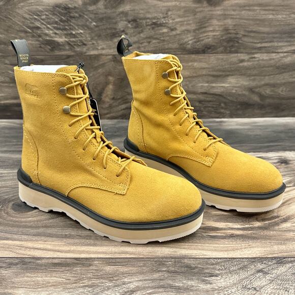 NIB Sorel Hi Line Lace 9.5 Waterproof Leather Lug Sole Combat Boots Geo Yellow - Picture 4 of 14